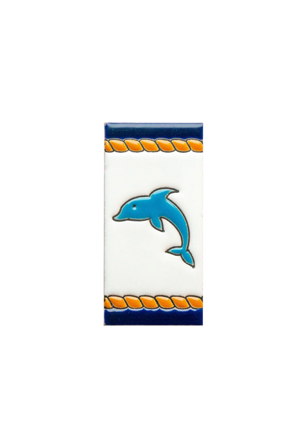 LVR Ceramics Marine Ceramic House Number & Letter Tile: a rectangular ceramic tile with a central blue dolphin illustration, orange rope-pattern borders, and a white background in a Mediterranean style.