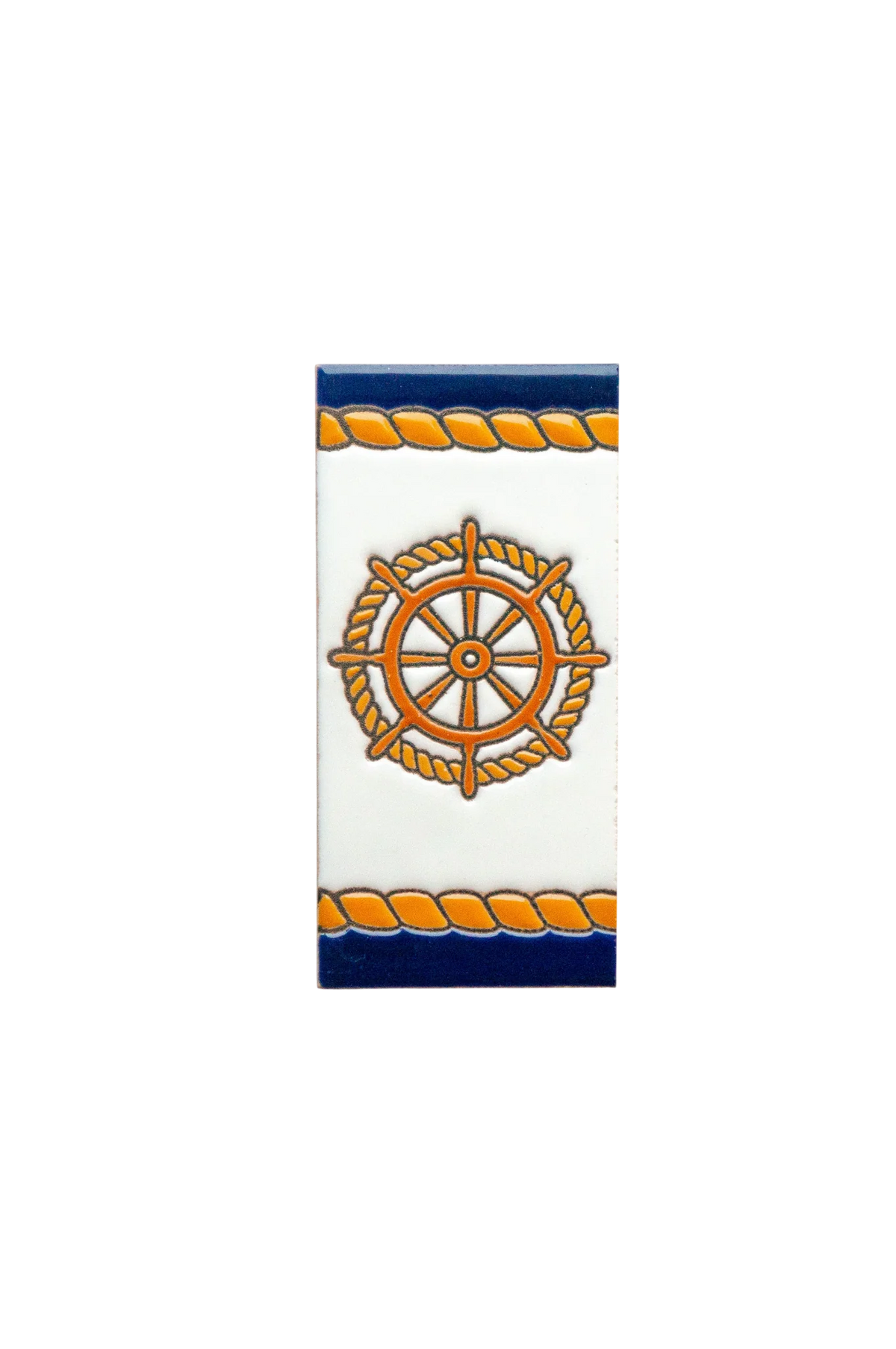 LVR Ceramics Marine Ceramic House Number & Letter Tile: a rectangular white ceramic tile featuring a centered orange ship’s wheel icon between two horizontal bands of orange rope and dark blue borders.