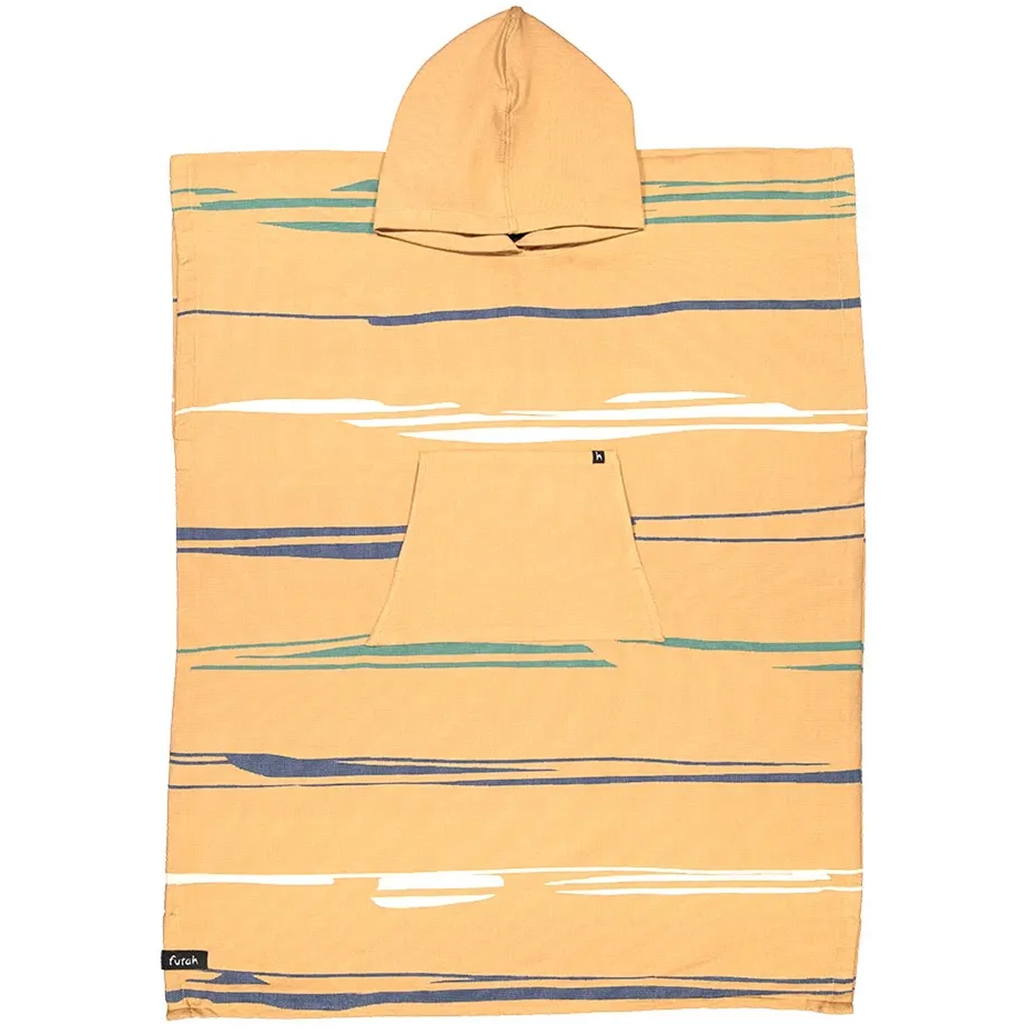 The Maure Cotton Beach Poncho by Futah is a premium Portuguese surf and beach poncho featuring a tan hood, horizontal blue, white, and green stripes, a front pocket, and a relaxed fit. It is shown laid flat on a white background.
