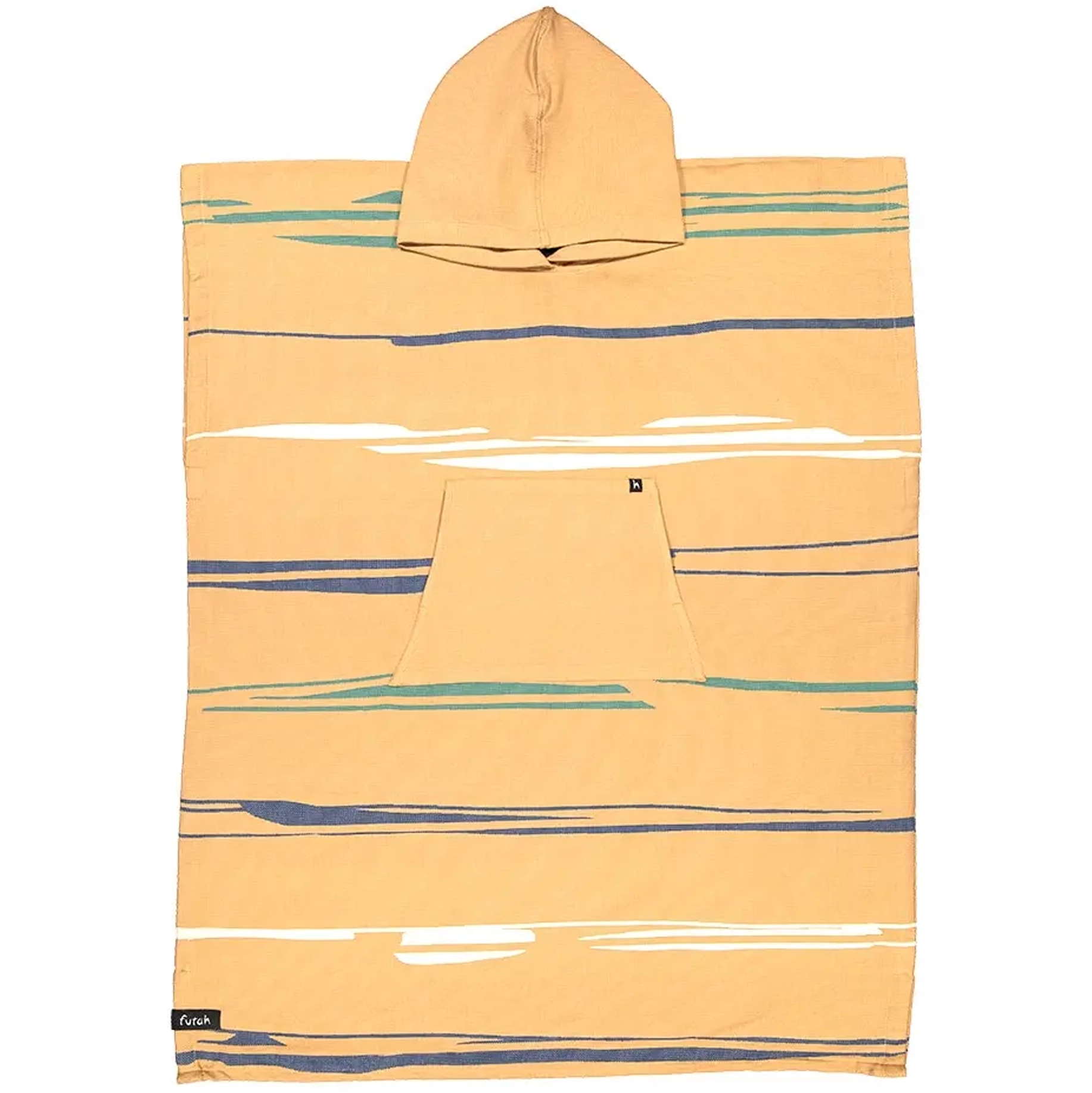 The Maure Cotton Beach Poncho by Futah is a premium Portuguese surf and beach poncho featuring a tan hood, horizontal blue, white, and green stripes, a front pocket, and a relaxed fit. It is shown laid flat on a white background.