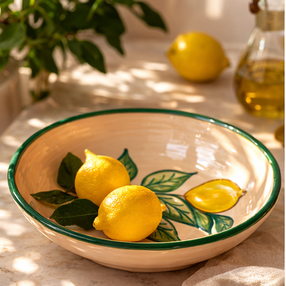 Decorative bowl with lemons and green leaves on a light surface