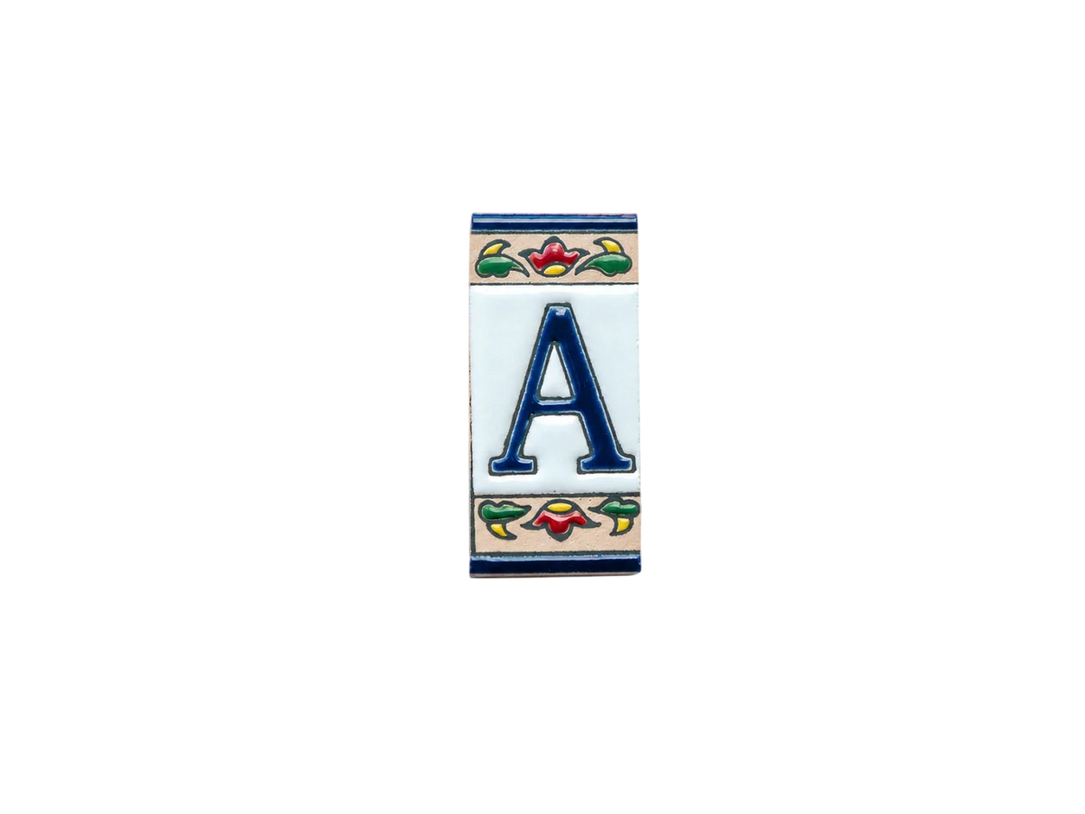 Mini Chilli Ceramic House Number & Letter Tile featuring a blue letter A on a rectangular handcrafted tile, framed by decorative red, green, and blue floral patterns.