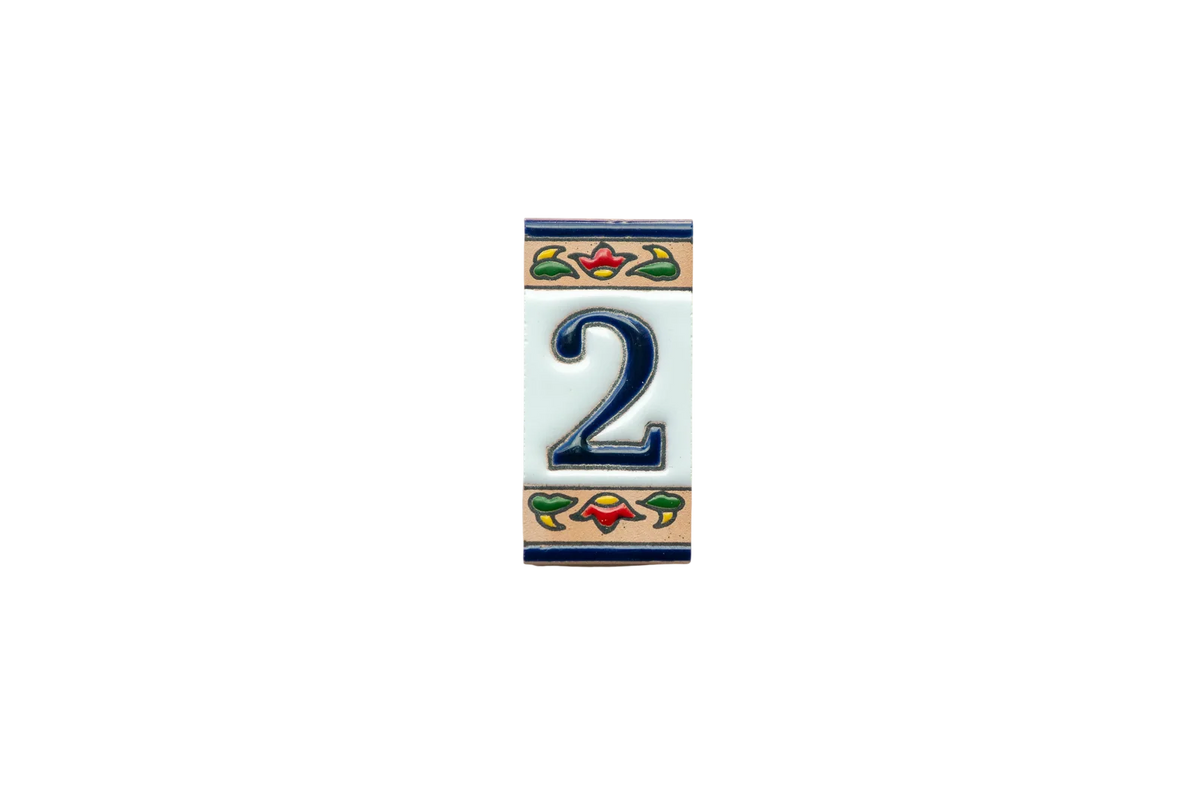 Mini Chilli Ceramic House Number & Letter Tile featuring the number two on a rectangular tile, bordered by decorative chili pepper patterns in blue, red, and green.