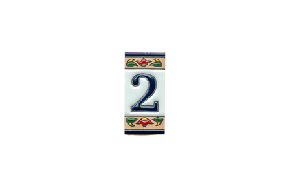 Mini Chilli Ceramic House Number & Letter Tile featuring the number two on a rectangular tile, bordered by decorative chili pepper patterns in blue, red, and green.