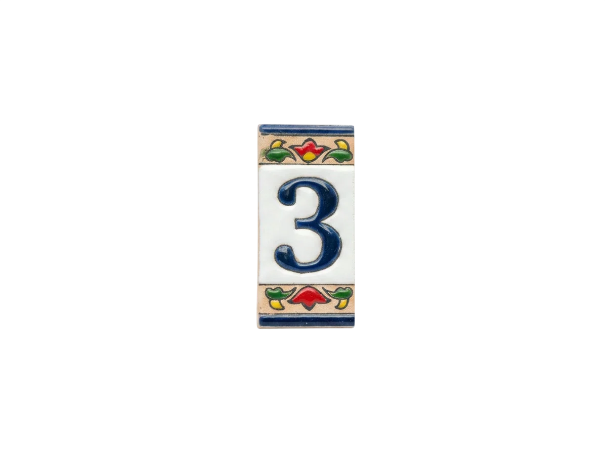 Mini Chilli Ceramic House Number & Letter Tile featuring a rectangular ceramic number three in blue, accented by small floral motifs at the top and bottom in the style of handcrafted Spanish tiles.