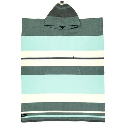 Introducing the Futah Papua Adult Beach Poncho – a premium Portuguese cotton surf poncho designed with horizontal stripes in teal, light blue, cream, and dark gray. This stylish hooded poncho features a pointed hood and convenient front pocket, offering exceptional comfort and style after every swim or surf session.