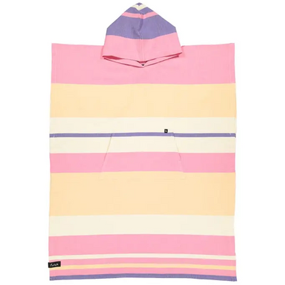 Introducing the Futah Papua Adult Beach Poncho – a premium surf poncho made from soft Portuguese cotton, adorned with horizontal pastel stripes in pink, yellow, white, and purple. Designed for adults, it features a hood, a convenient front pocket, and is finished with a small black label at the bottom left corner.