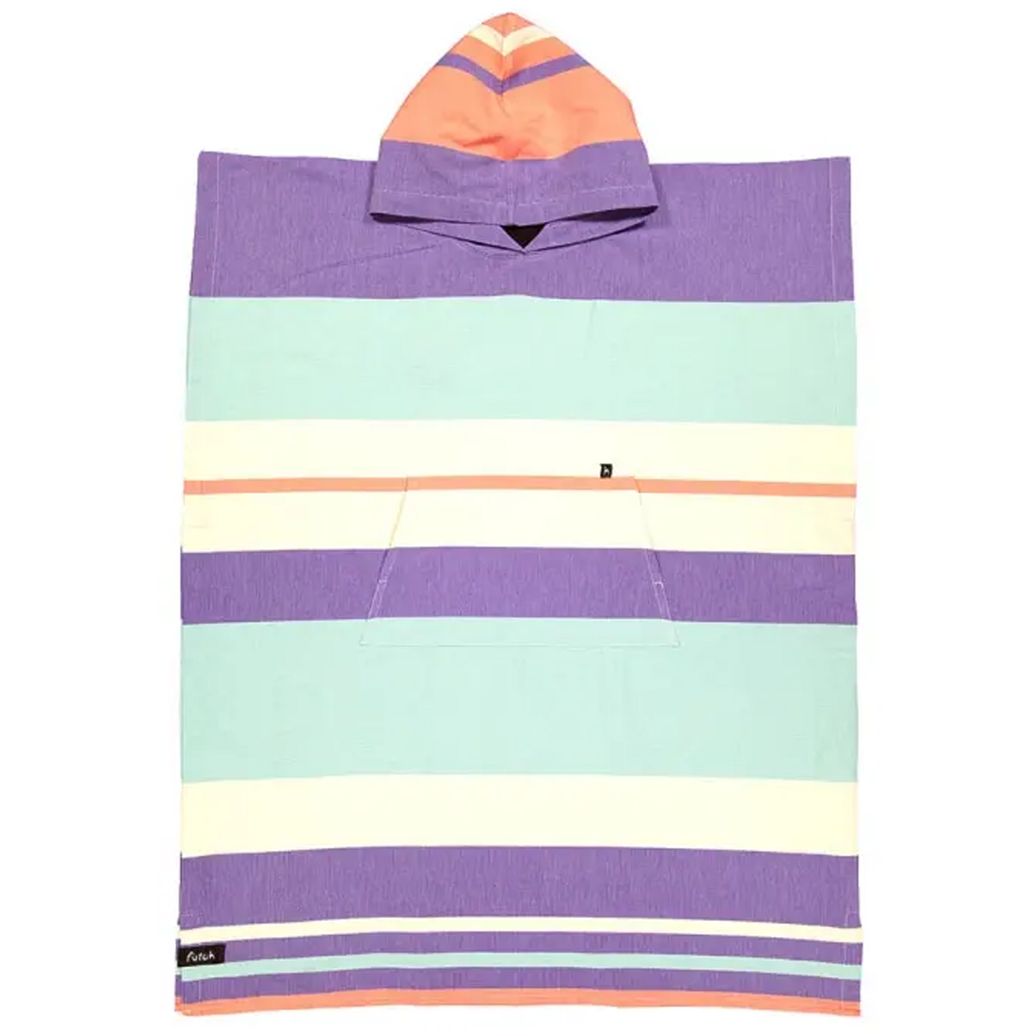 Introducing the Papua Adult Beach Poncho from Futah—a premium Portuguese cotton surf poncho designed for both style and functionality. This vibrant adult poncho showcases lively horizontal stripes in shades of purple, mint, cream, and peach. It’s finished with a front pocket for convenience and a hood featuring distinctive peach and purple stripes, offering an extra touch of comfort and flair for your beach days.
