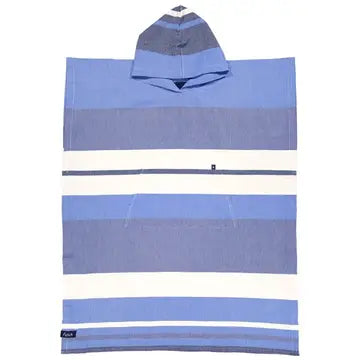 The Papua Adult Beach Poncho by Futah is shown laid flat, displaying its blue and white stripes, hood at the top center, front pocket, and short sleeves. Crafted from premium Portuguese cotton, this surf poncho offers ultimate comfort and style for adults.