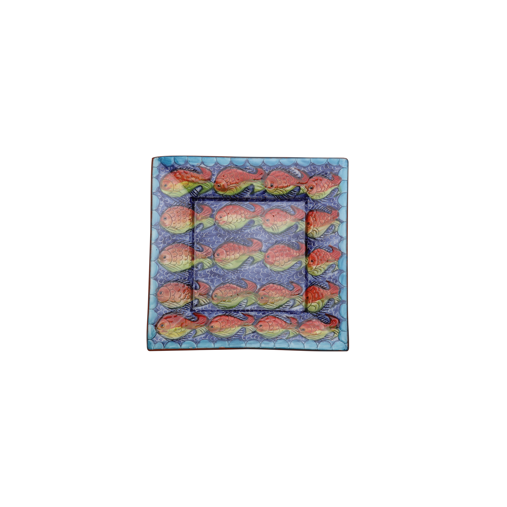 This square ceramic plate from Iberica - Pretty things from Portugal features rows of red, yellow, and green fish on blue with a scalloped border—an ideal addition to your Fishes serving set.