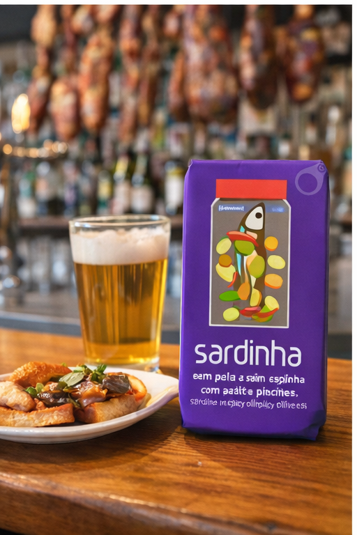 A can of Sardinha's "Sardine in spicy olive oil with pickles" stands on a bar beside a beer and bread topped with the sardines, pickles, and garnishes. Cured meats and bottles appear blurred in the background.
