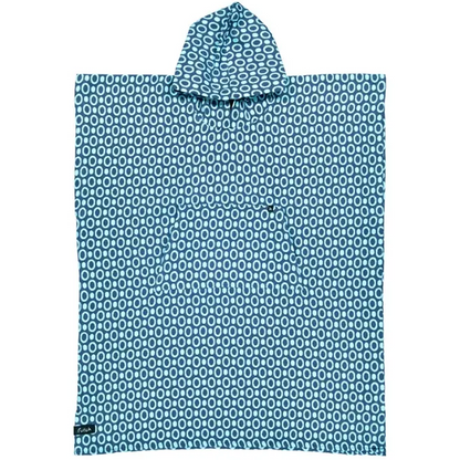 The Pulse Cotton Beach Poncho by Futah is a premium Portuguese surf and beach poncho, featuring a blue and white circular pattern. This rectangular, quick-drying poncho includes a convenient front pocket and is photographed laid flat against a white background.