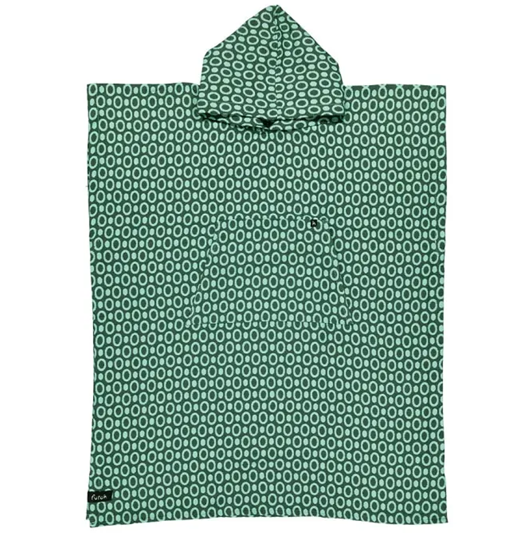 The Futah Pulse Cotton Beach Poncho – Premium Portuguese Surf & Beach Poncho, featuring a green hood, white oval pattern, cotton fabric, and a front pocket, is laid flat on a white background.
