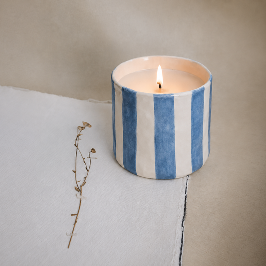 Riviera blue striped stoneware candle handmade in Spain