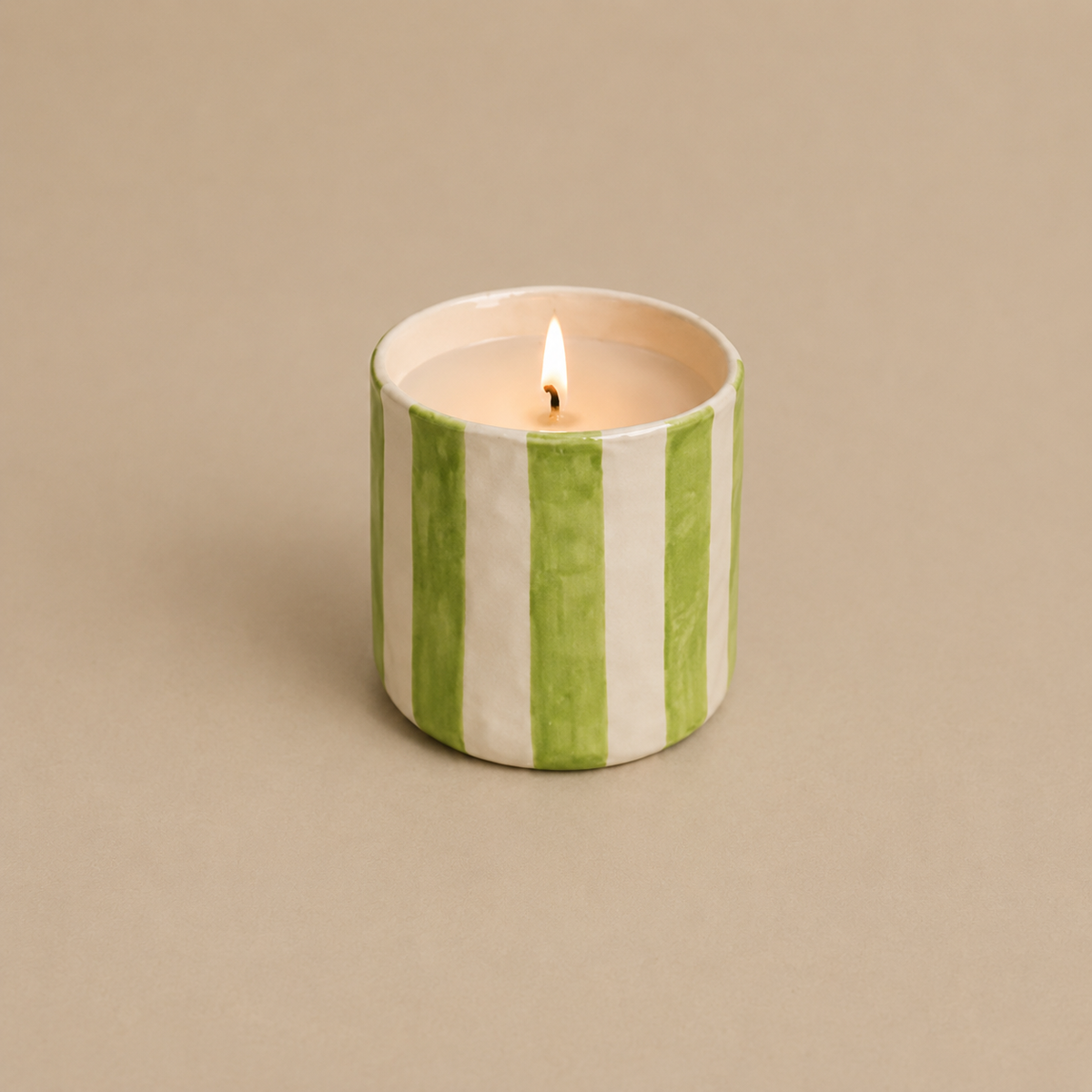 Riviera green striped stoneware candle handmade in Spain