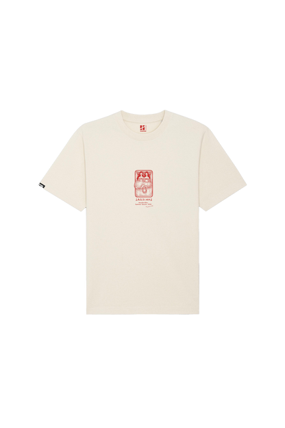 The Humpier Sardines T-Shirt is made from soft organic cotton in plain off-white, featuring a small red graphic and text at the center chest, shown on a white background.