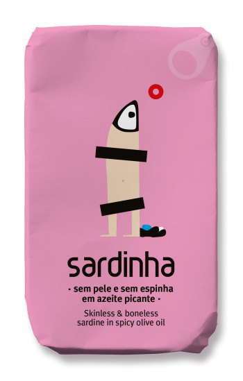 Pink packaging of sardine in spicy olive oil with a cartoon fish design.