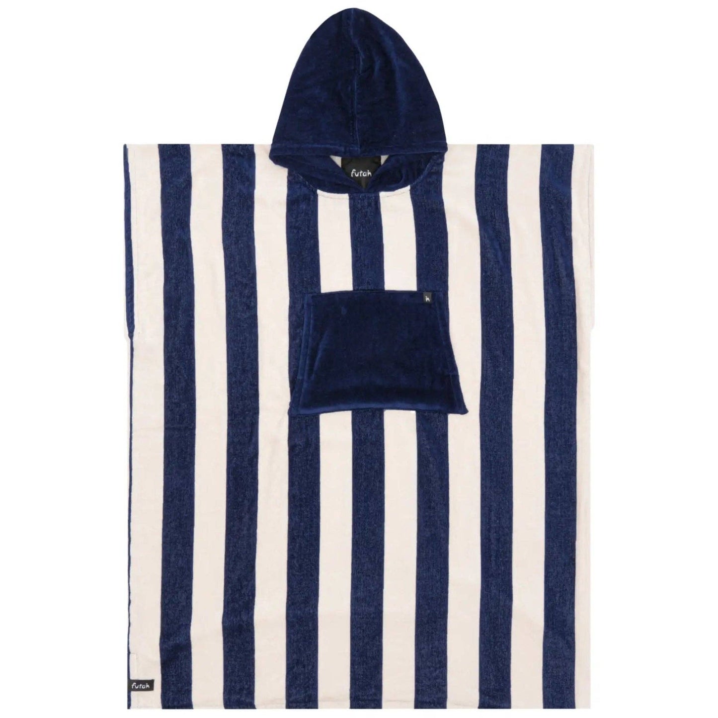 The Bedu Terry Poncho by Futah is an adult hooded beach towel poncho adorned with vertical navy blue and white stripes and a solid navy front pocket. Crafted from premium Portuguese cotton, this poncho is luxuriously soft and quick-drying—ideal for relaxing by the shore or poolside.
